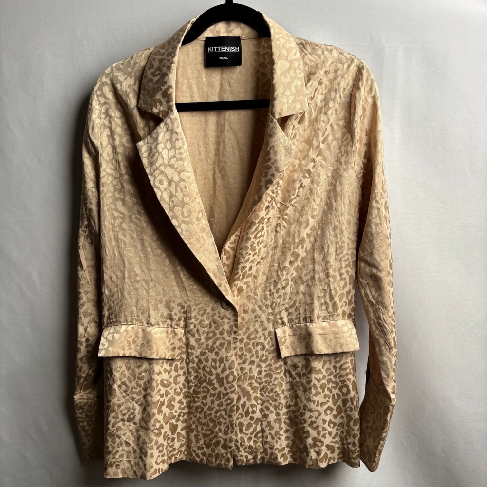 Kittenish Tan Leopard Jacquard Blazer Jacket S Satin Drapey Beige Animal Print